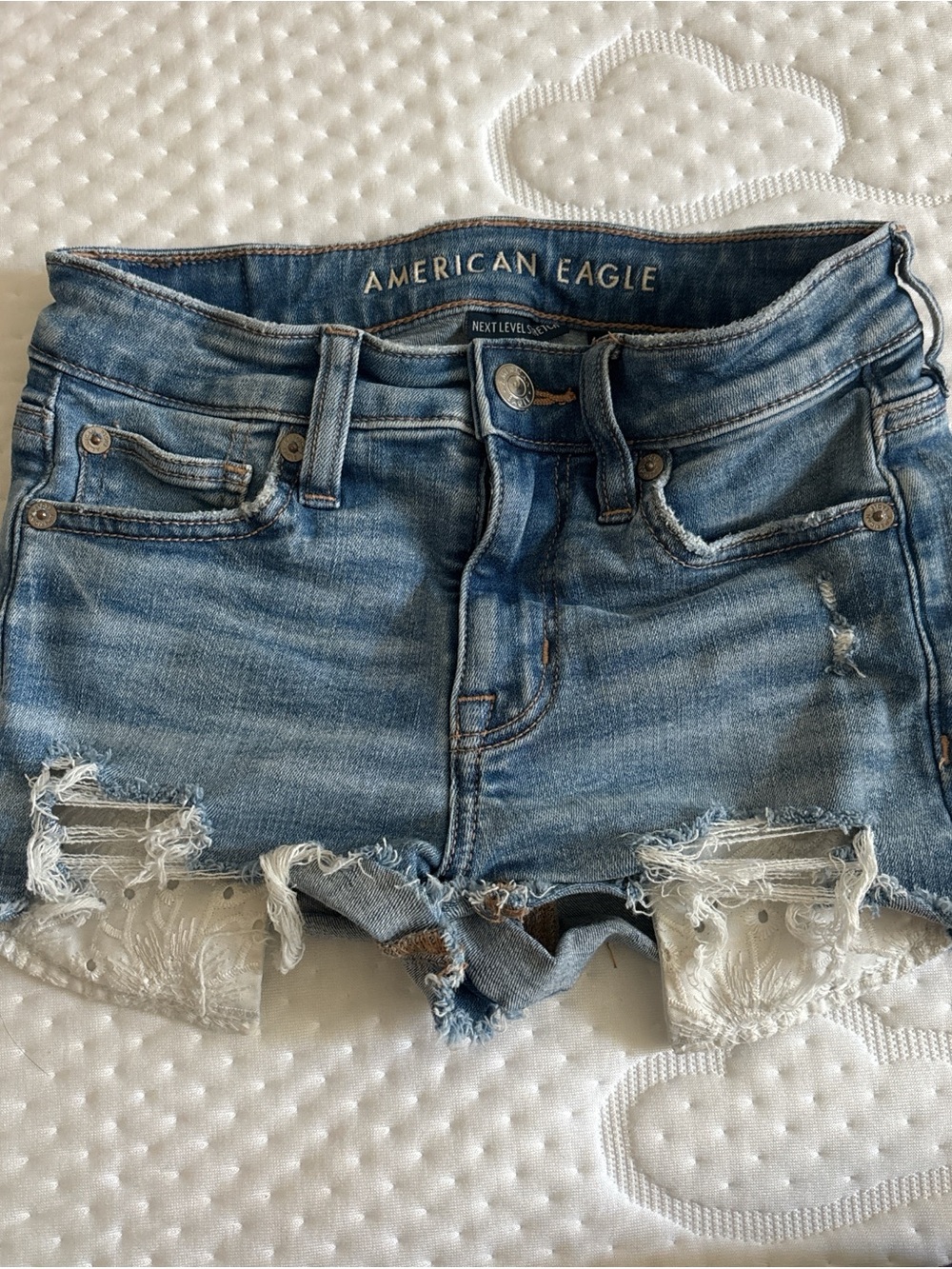 American Eagle Outfitters Light Blue Distressed Lace-Trim Denim Shorts